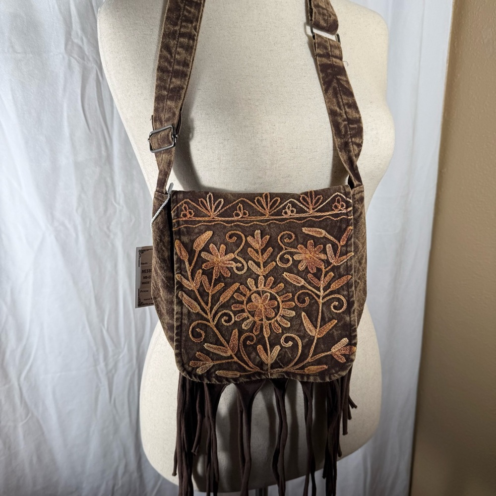 The‎ Collection Royal Embroidered Messenger Bag With Fringe Made In Nepal Brown